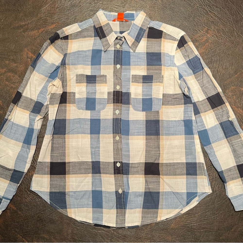 Joe Fresh button down in a size small/P. blue, white, and tan.